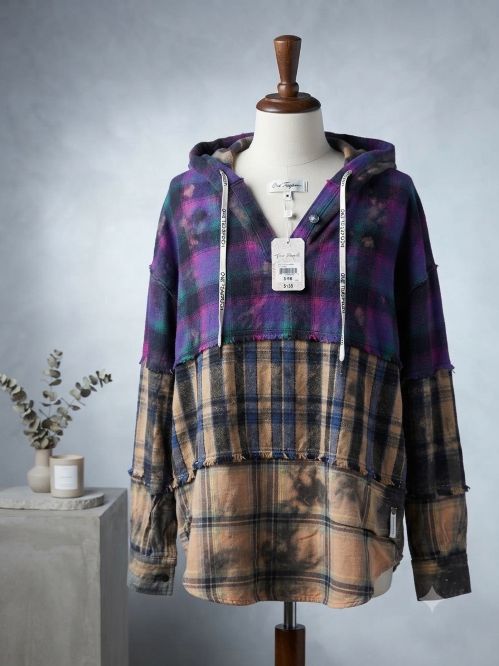 One Teaspoon Tan and Navy Striped Plaid Shirt